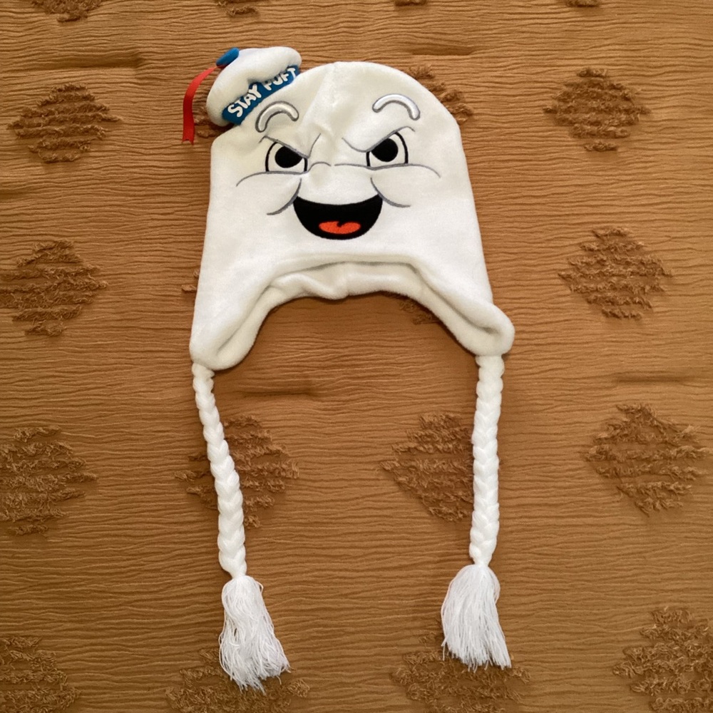 White Ghostbusters Stay Puff Marshmallow Character Beanie with Braids